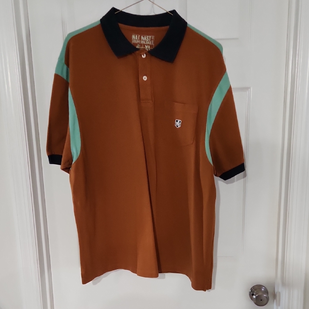 Nat Nast Men's Tan Polo Shirt with Green Stripes